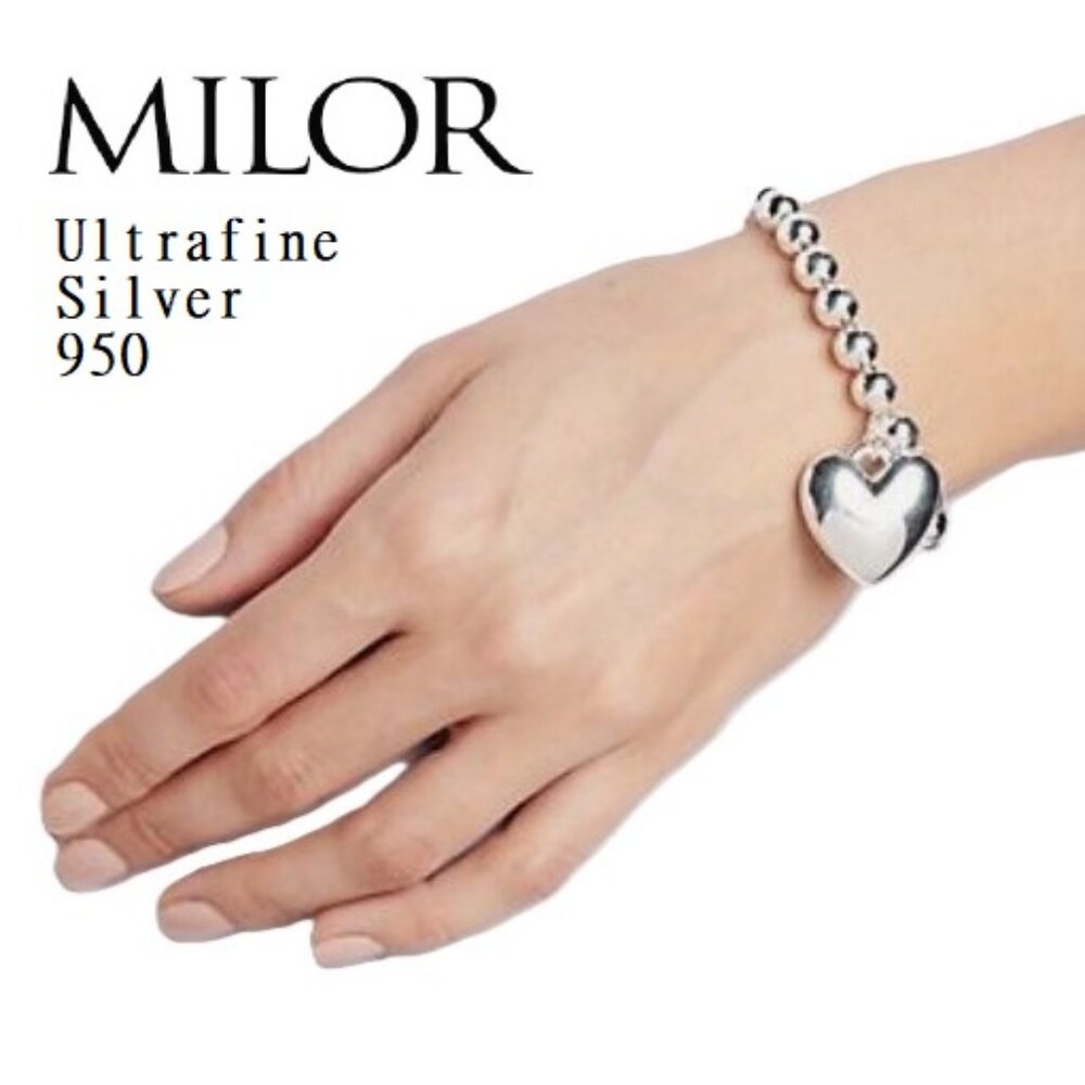 Milor UltraFine 950 Sterling Silver 8mm Ball Bead 8.25" Bracelet +Heart Charm